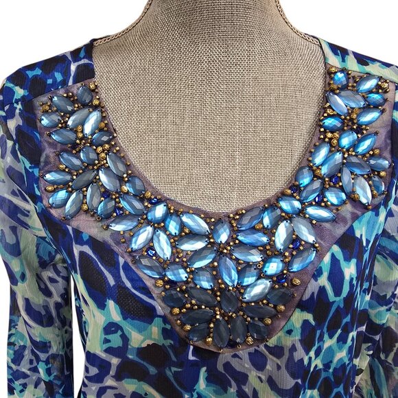 Cache Women's Blue Beaded Long Sleeve Sheer Blouse Small NWT - Picture 2 of 7